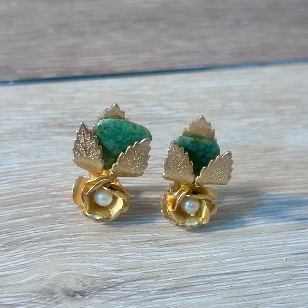 Vintage Gold-Tone Rose Clip-On Earrings w/ Pearl & Jade Accents